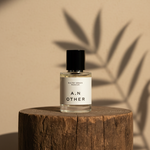 A.N. Other Sultry Green Parfum 50ML bottle on rustic wood pedestal with warm beige wall and botanical shadow.