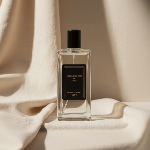 Cereria Mollá Bulgarian Rose & Oud room and body spray bottle on neutral linen background.
