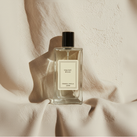 Cereria Mollá Velvet Wood room and body spray bottle on neutral linen background.