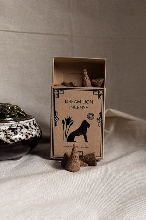 Dream Lion Incense Creative Imagination box with incense cones on neutral linen background.