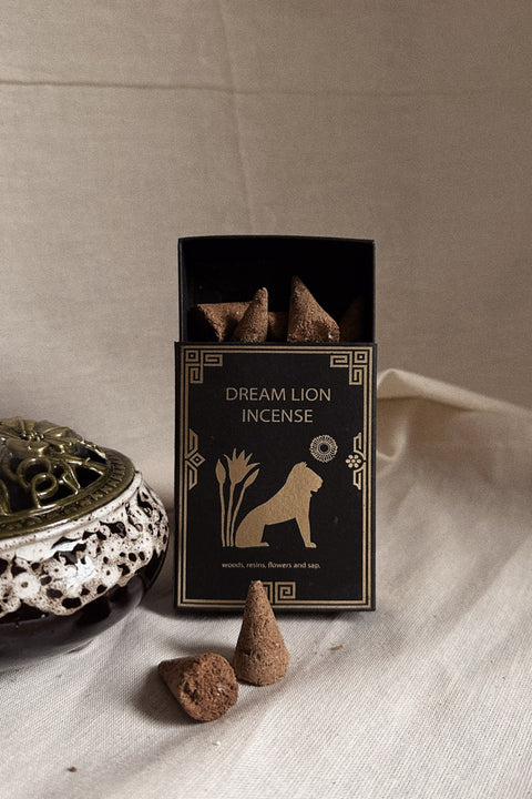 Close-up of Dream Lion Incense The Wish Granter box with incense cones on linen background.