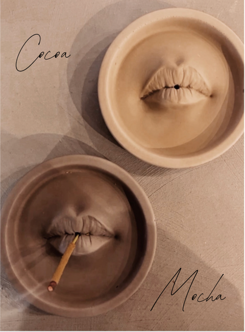 Classic Lip Incense Burner in Cocoa and Mocha concrete colorways with incense stick.
