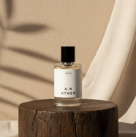 A.N. Other Tango Americano OR/2018 Parfum 50ML bottle on rustic wood pedestal with warm beige wall and botanical shadow.