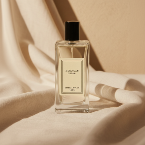 Cereria Mollá Moroccan Cedar room and body spray bottle on neutral linen background.
