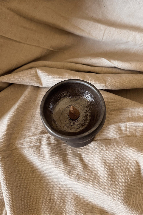 Top view of Copalerita clay burner with copal resin inside.