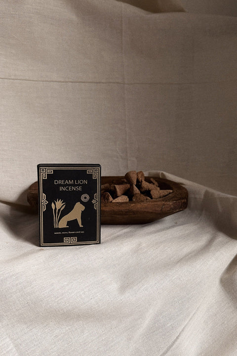 Dream Lion Incense The Wish Granter box styled with incense cones in wooden bowl.