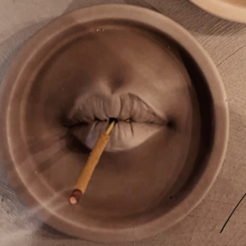 Mocha Classic Lip Incense Burner with incense stick and soft smoke.