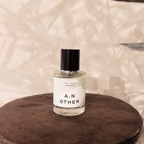 A.N. Other Ginger Tonic FR/2018 Parfum 50ML bottle on rustic wood pedestal with warm beige wall and botanical shadow.
